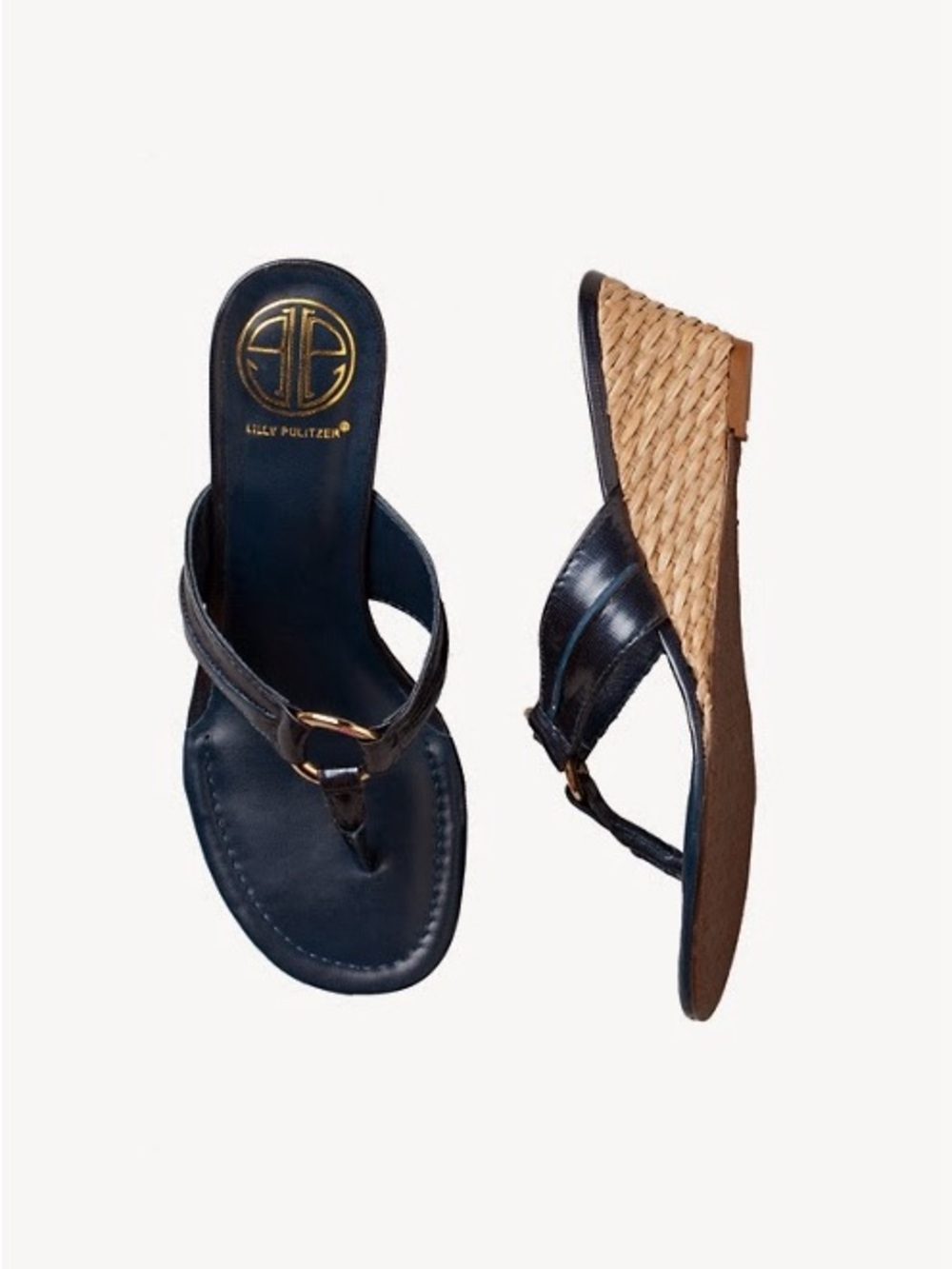 Lilly Pulitzer Navy Leather Wedge Sandals with Natural Raffia